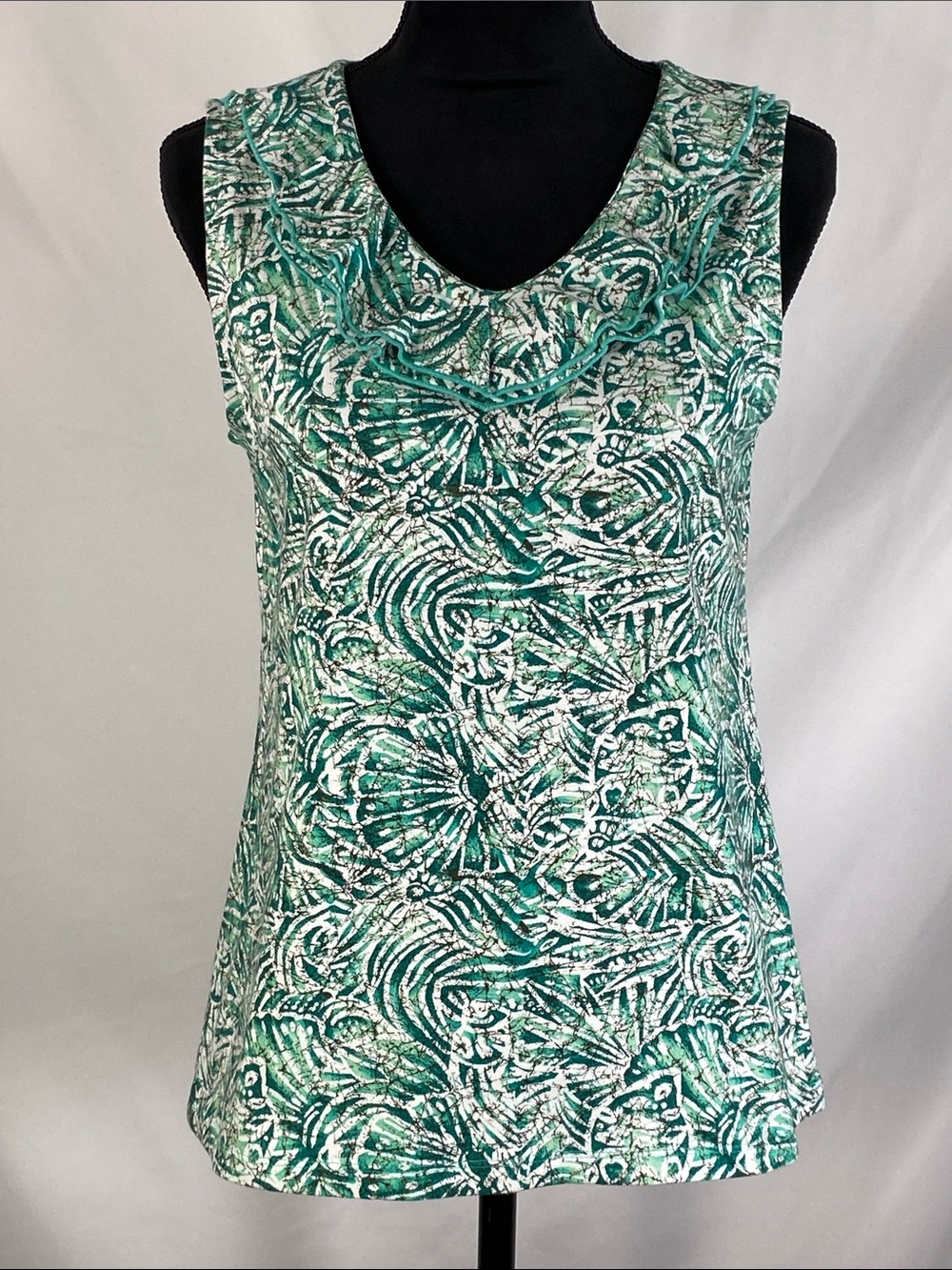 Christopher & Banks V-Neck Tank Top S Green Teal Abstract Leaf Swirl Knit Small